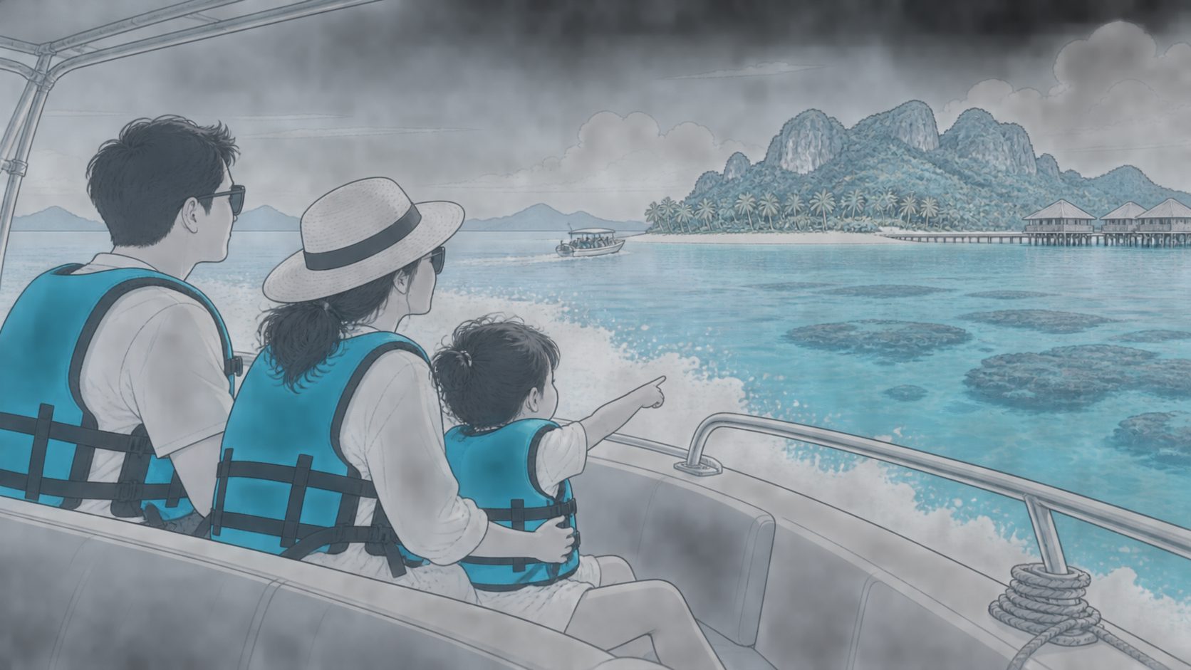 带三岁小孩仙本那能出海吗:亲子家庭穿救生衣乘船前往海岛