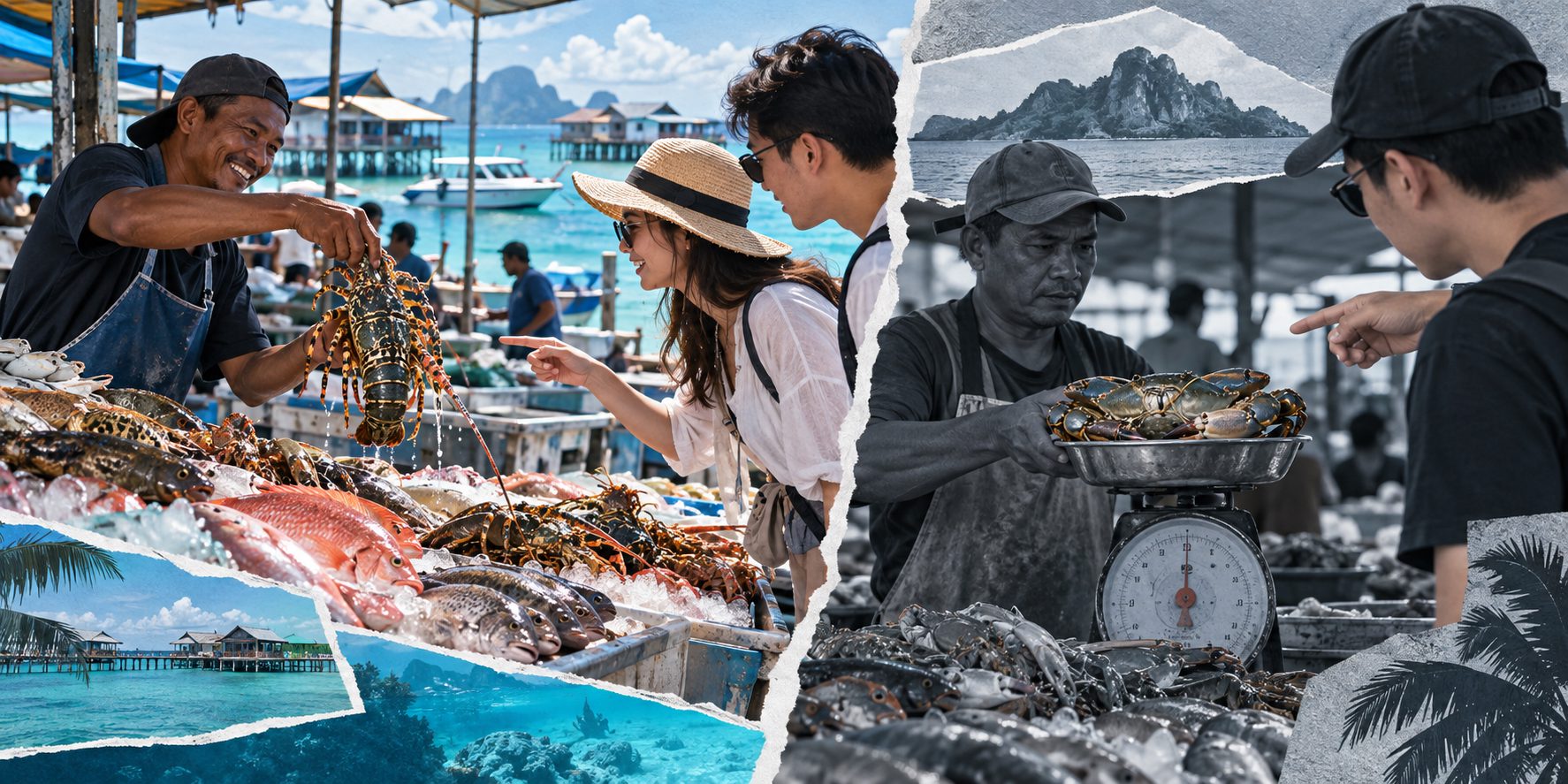 仙本那海鲜市场现场挑选和称重示意