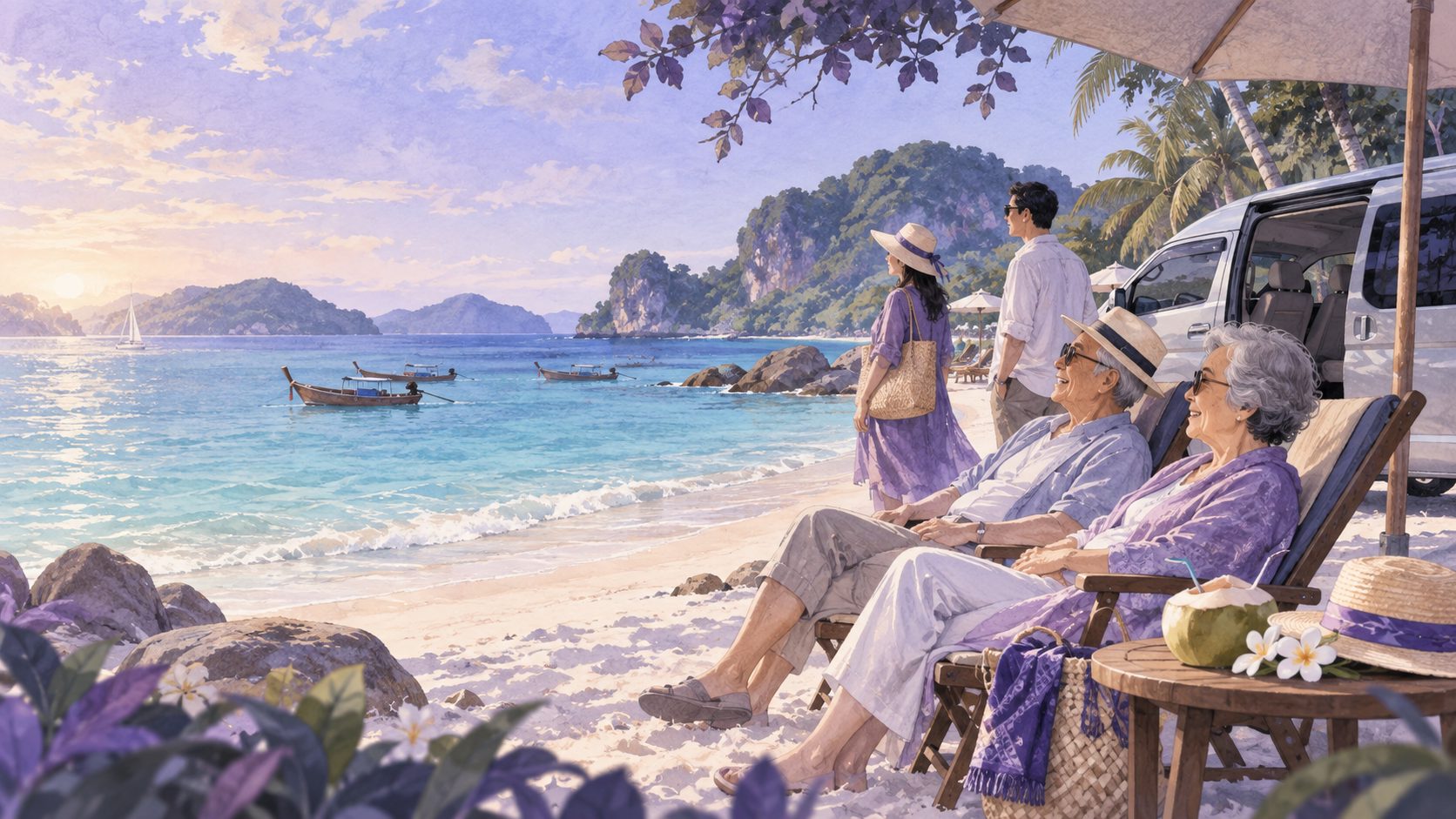 普吉岛老人家庭包车出行,在海滩附近轻松休息