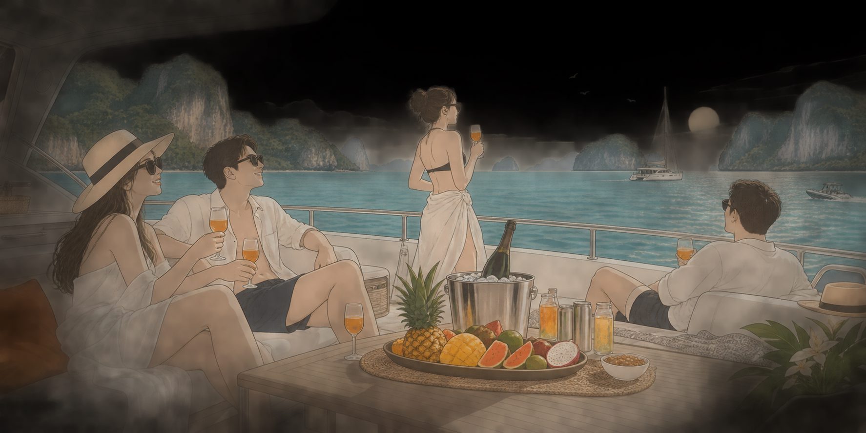 普吉岛私人游艇出海聚会，甲板上摆放饮料与水果