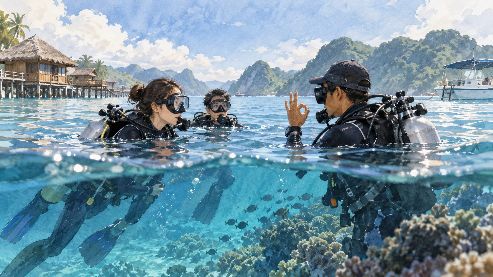 仙本那OW潜水考证学员在开放水域训练的场景