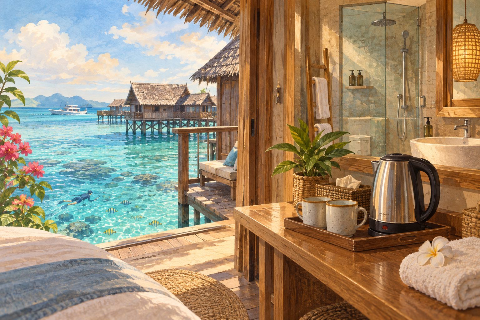 仙本那马布岛水屋有淡水提供烧水壶吗,房间卫浴与海上水屋场景
