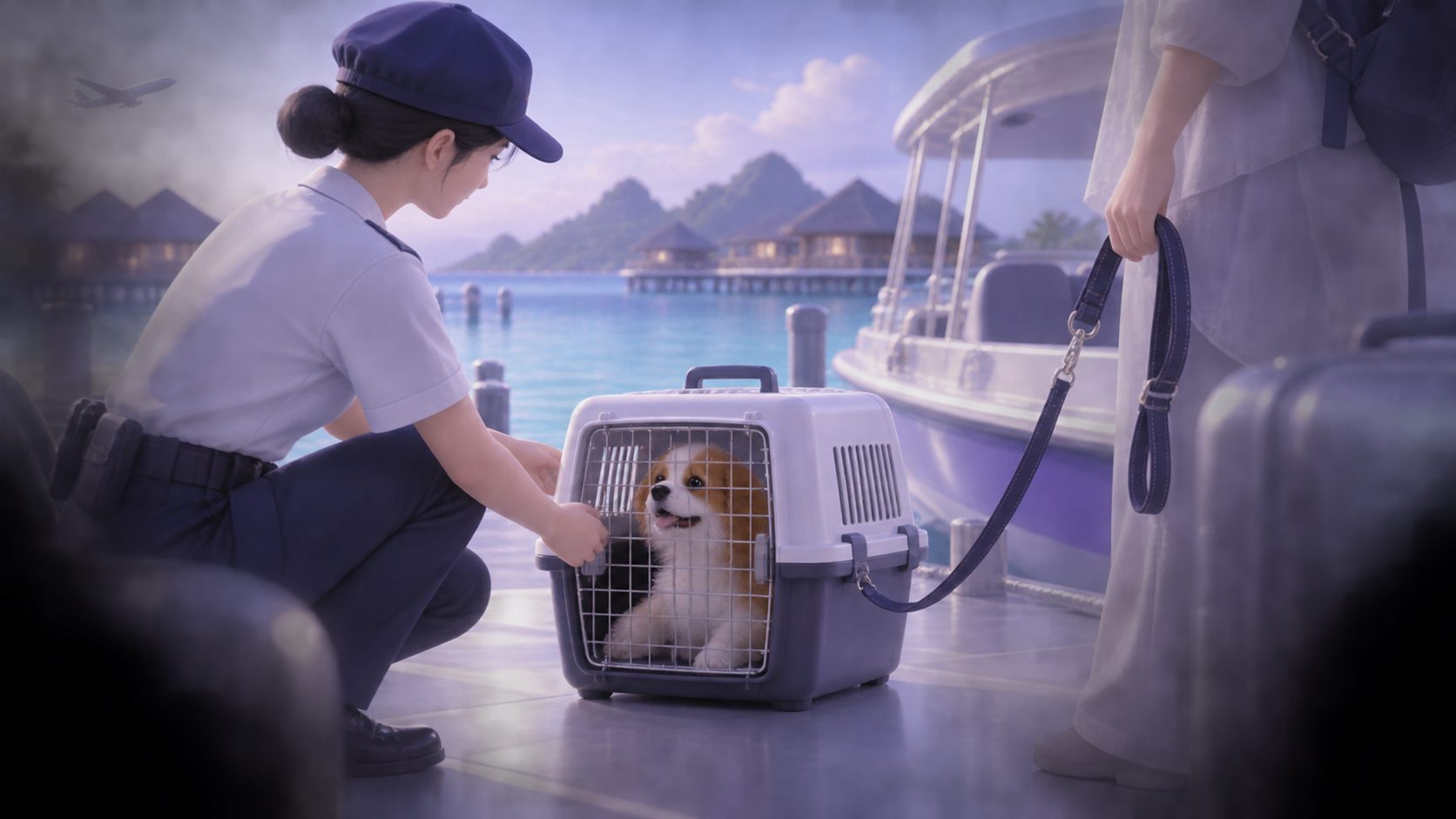 宠物狗乘坐仙本那水屋接驳船前的航空箱与牵引绳检查
